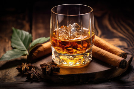 Closeup view of a Cuban cigar and cognac glass on a wooden background highlighting detailsの素材