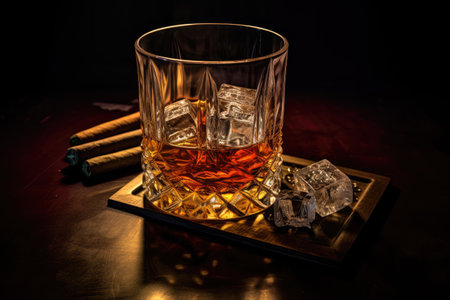 Close up view of whiskey glass with cigar atop colored backgroundの素材