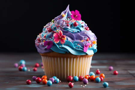 Colorful toppings on a cupcake for a birthday celebrationの素材