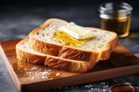 Closeup view of toast bread with butter and sugar on a wooden cutting board Simple breakfast on concの素材