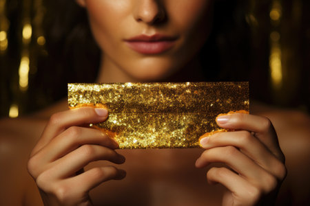 Closeup of woman holding shiny gold bar on sequin fabricの素材