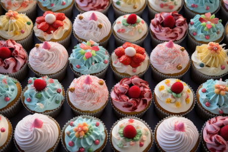 Colorful cupcakes with various decorations at a small pastry shopの素材