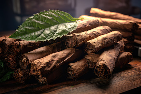 Closeup of cigars wrapped in tobacco leaves on wooden tableの素材