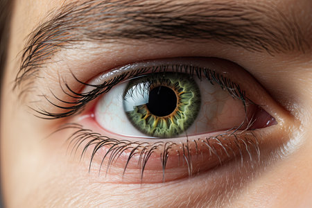 Close up of man s eye green color isolated on whiteの素材