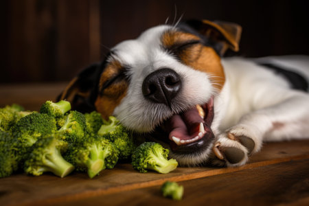 Cute Jack Russell terrier lounging on the floor yawning and holding broccoli with pawsの素材