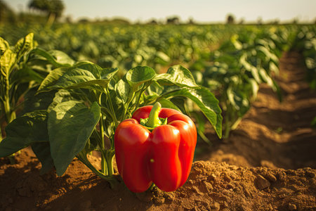 Cultivating bell pepper on a farmの素材