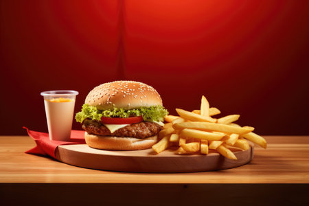 Delicious beef burger and fries on wooden tray in fast food shop with red wall backgroundの素材