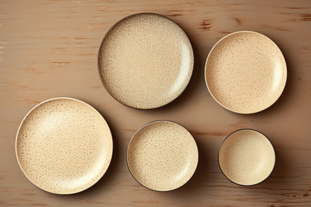 Different sized plates on beige backdrop Overhead view Brown and natural shades Plates with texturedの素材