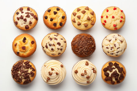Delightful homemade muffins with raisins and chocolate isolated on whiteの素材