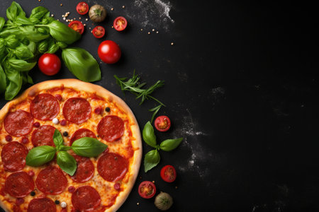 Delicious pepperoni pizza with fresh ingredients on a black background Hot pizza from above with spaの素材
