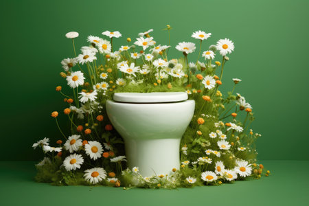 Flowers are growing from a white toilet bowl on a green backdrop in a horizontal photoの素材