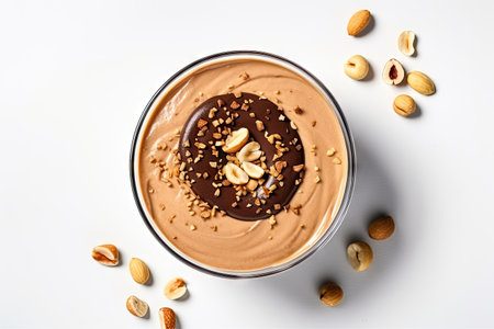 Delicious peanut butter and chocolate paste with crushed nuts on white table as seen from aboveの素材