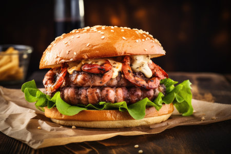 Delicious grilled prawn and beef burger with lettuce and mayo served on brown paper on a rustic woodの素材