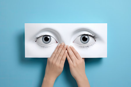 Eye care vision health and ophthalmology represented by hand holding paper eyes on a blue backgroundの素材