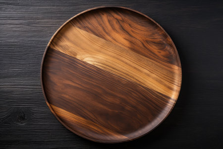 Empty kitchen trendy rustic wooden tray saw cut imitation on black wooden background top view with cの素材