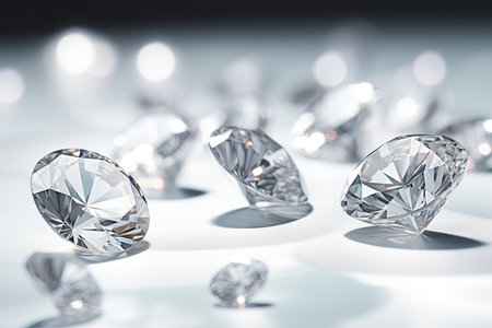 Diamonds of various cuts and sizes on light background with shadows captured in close upの素材