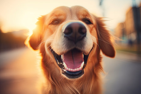 Eager tongue out dog patiently waits for foodの素材