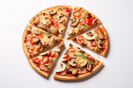 Fresh round pizza slices with chicken veggies mushrooms and cheese on a white and gray background wiの素材