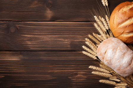 Fresh bread on a wooden table View from above with room for your textの素材