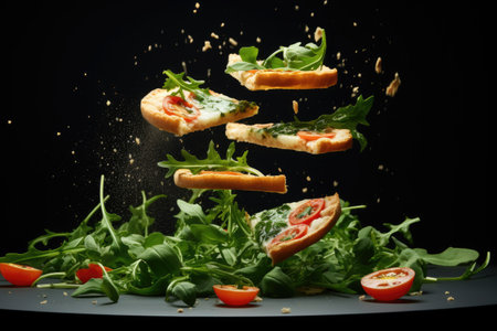 Floating pizza slices topped with airborne arugula butter and pepperの素材