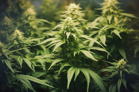 Full grown cannabis plants with large buds thrive indoors in an indoor cannabis farmの素材