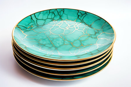 Green turquoise plates with a golden outline isolated on a white backgroundの素材