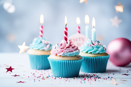 Happy birthday cupcakes with pink blue and festive decorationsの素材