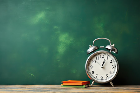 Green chalkboard with space for text showing a drawing of an alarm clock It signifies school timeの素材