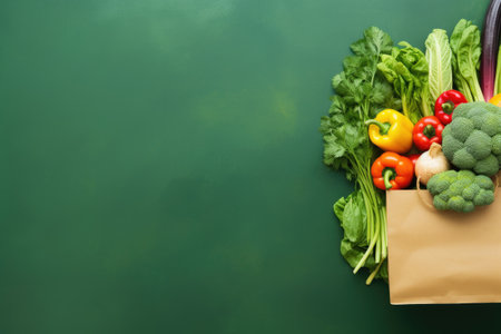 Healthy vegan and vegetarian food in a paper bag with vegetables and fruits on a green background reの素材