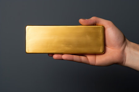 Gray background hand holding gold barの素材