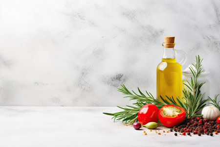 Healthy food concept with organic olive oil rosemary spices and copy space on white stone backgroundの素材