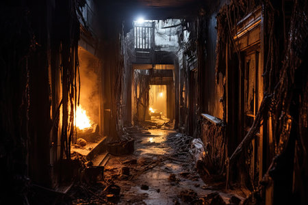 House on fire rooms and hallway destroyedの素材