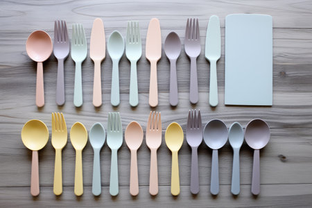 Minimal style pastel plastic tableware set on gray wooden background top viewの素材