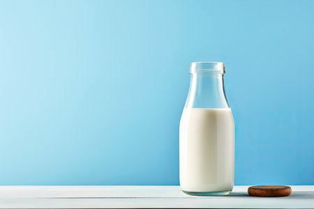 Milk glass and bottle on wooden table with light blue backdropの素材