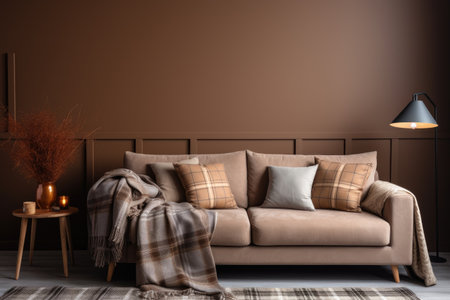 Modern living room with stylish interior featuring a sofa a knitted plaid and a brown wallの素材