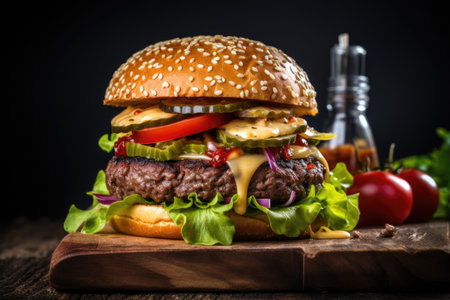 Selective focus square image of a homemade burger on a small wooden cutting board against a dark bacの素材