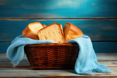 Toast bread on blue wooden table in basketの素材