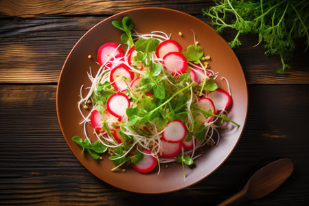 Salad for dinner top view on wooden background Flat Layの素材