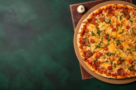 Pizza delivered in a box on a green chalkboard backgroundの素材