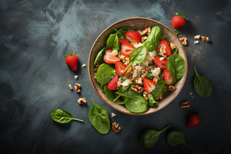 Top view of a healthy summer spinach salad with strawberry parmesan cheese and walnuts on a concreteの素材