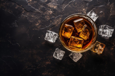 Whiskey on rocks and cigar Overhead view with room to writeの素材