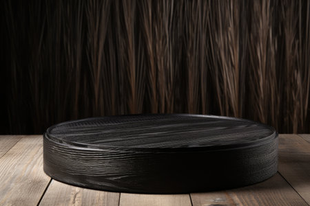 black wood podium close shot wood backg studio with riceの素材