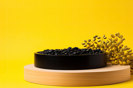 black wood podium close shot yellow backg studio with Lupin beanの素材