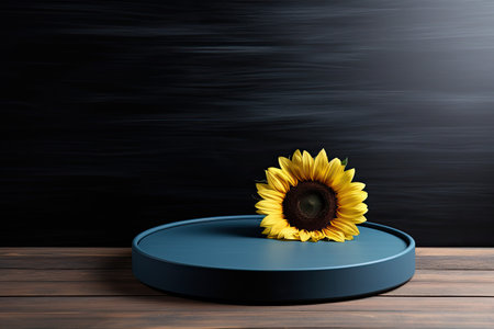 blue podium close shot black wood backg studio with sunflowerの素材