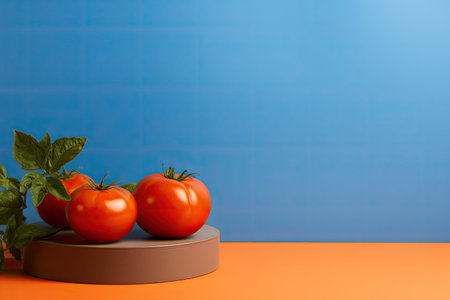 blue podium close shot orange backg studio with tomatoesの素材