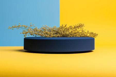 blue podium close shot yellow backg studio with buckwheatの素材