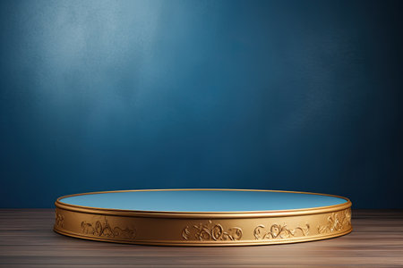 blue podium close shot golden backg studio with lucerneの素材