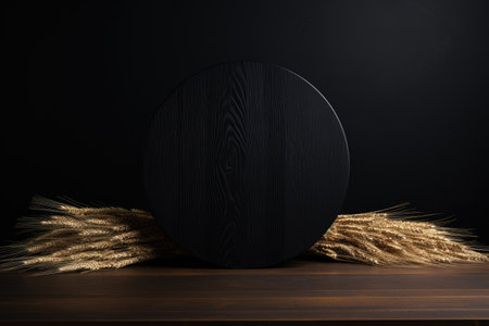 black wood podium close shot black backg studio with Oatsの素材