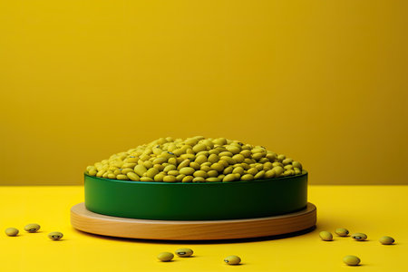 green podium close shot yellow backg studio with beanの素材