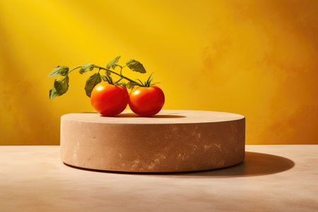 stone podium close shot yellow backg studio with tomatoesの素材